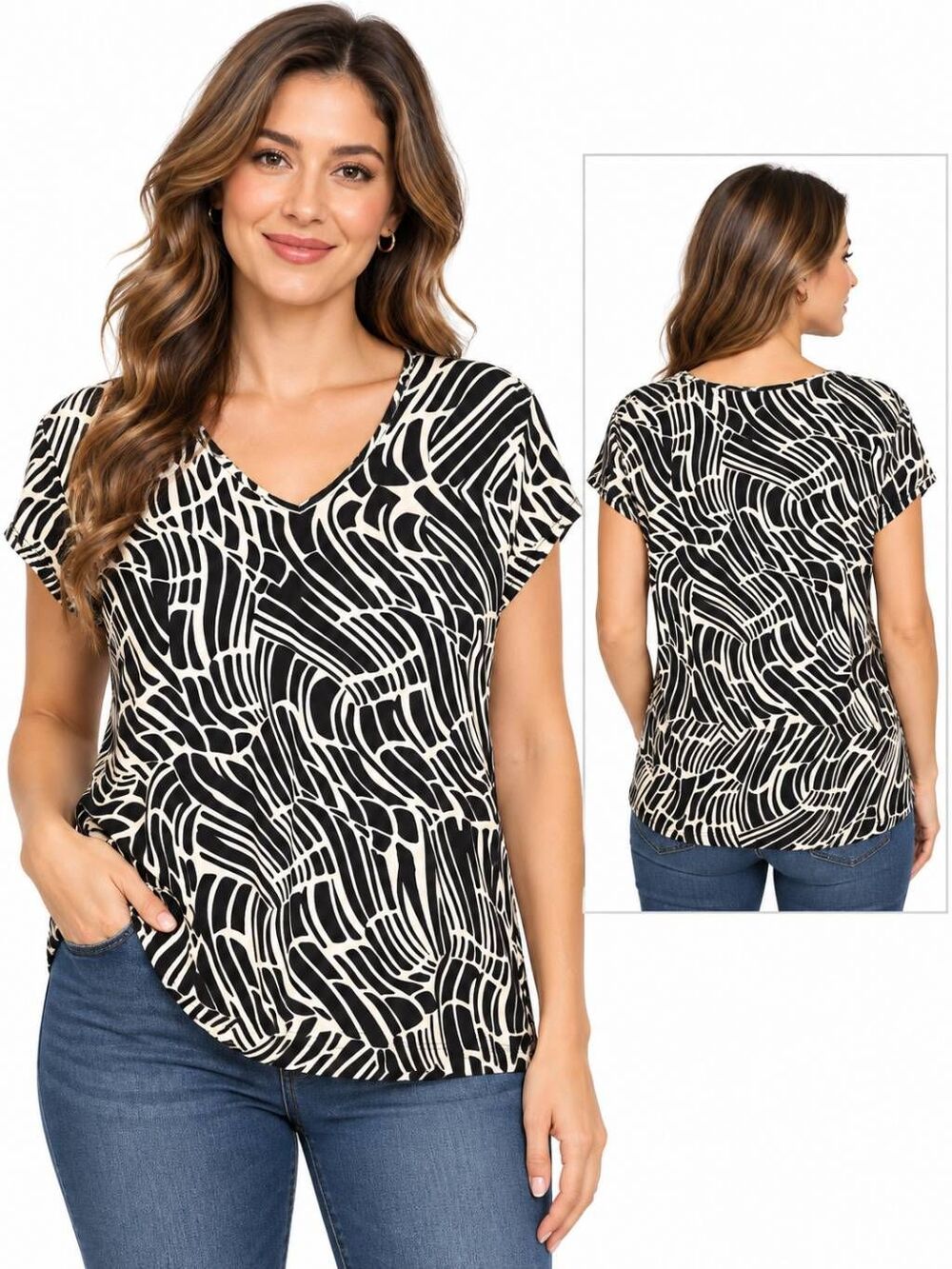 Chico's Size 3 XL Black Cream Abstract V-Neck Top
